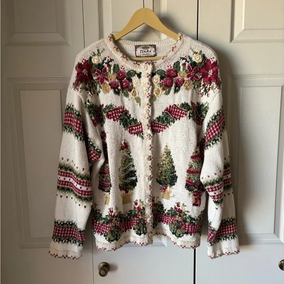Tiara International | Vintage knit Christmas Cardigan. Size 26. Holiday floral - Picture 13 of 13